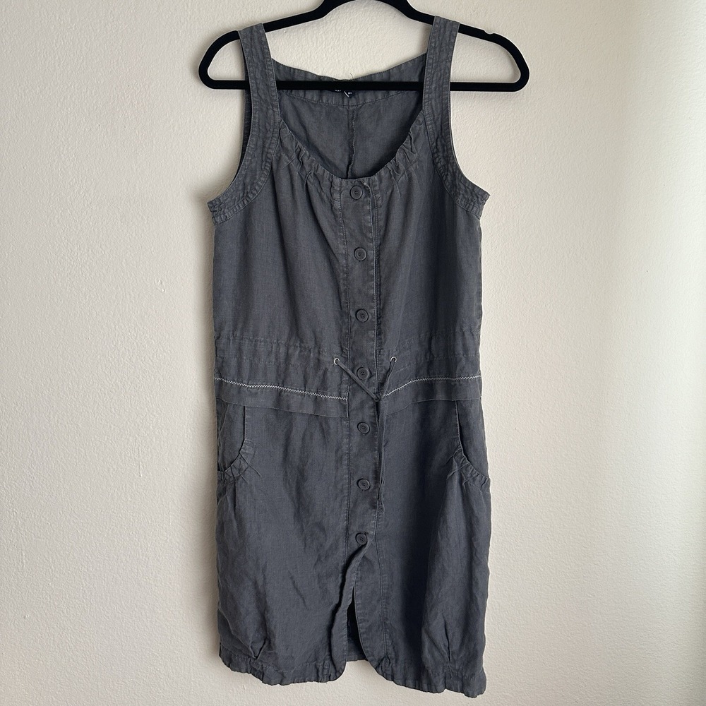 Le Phare de la Baleine Dress Womens 40 Gray Linen Button Front‎ Drawstring Waist